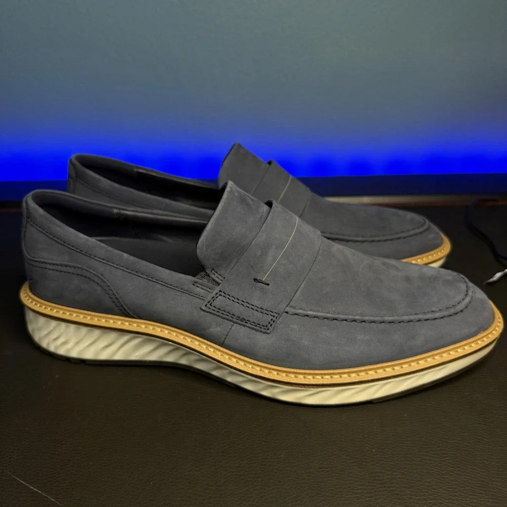 Ecco Men's Blue Suede Penny Loafers with White Sole and Tan Trim